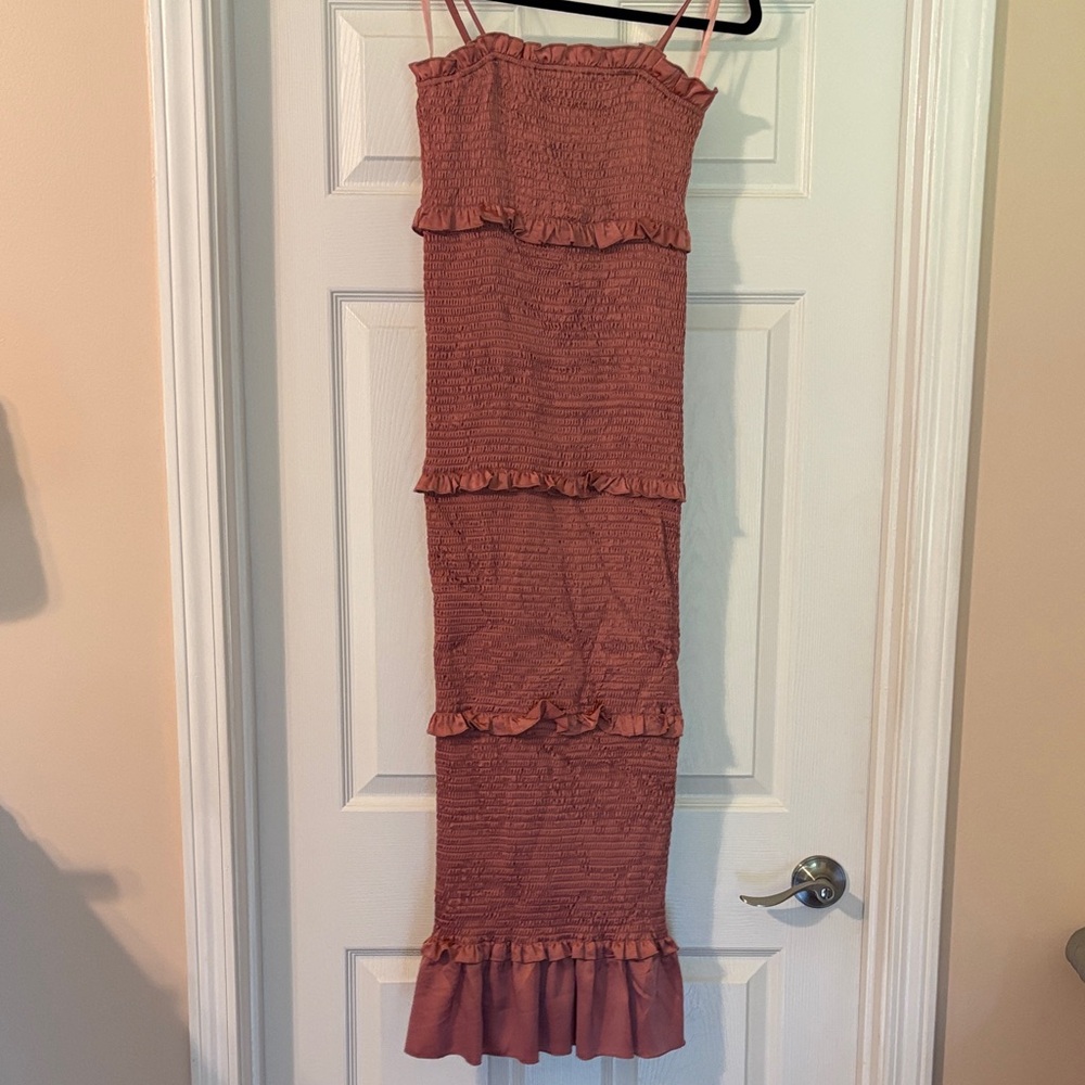 Women’s Smocked Midi Dress with Ruffle Tiers - Pink